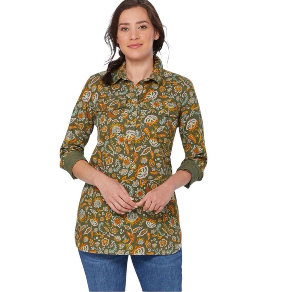 Duluth Trading Co Free Swingin Flannel Tunic Vintage Olive Boho Floral Women M